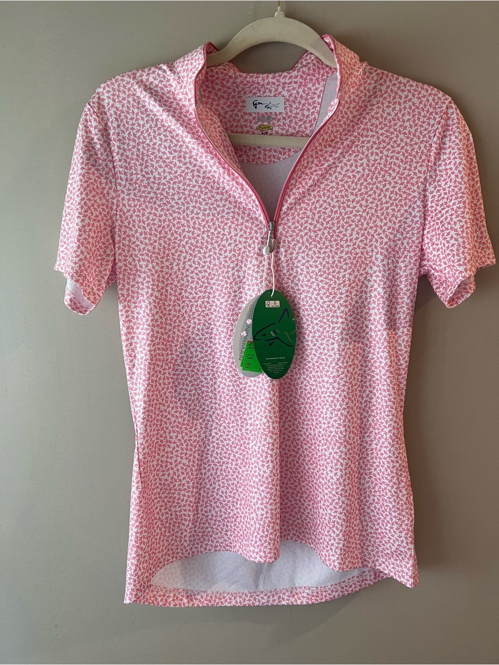 Greg Norman Collection Pink Umbrella Patterned Short Sleeve Zip Golf Polo